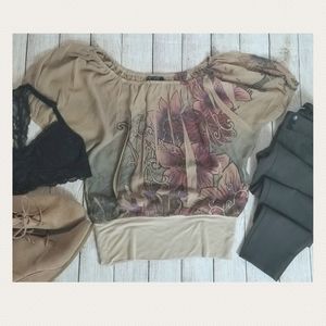 Sz L Sheer Banded Distressed Peasant Top